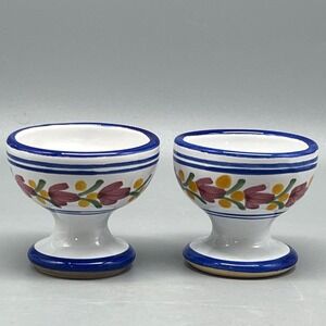 Set of 2 Vintage Sevilla Ceramic Egg Cups Floral Design Blue Trim‎